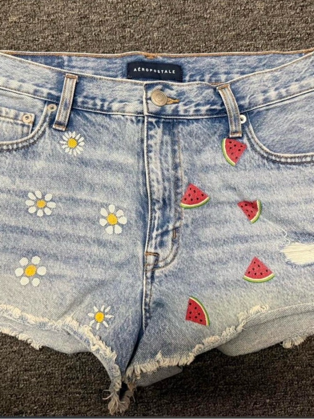 Aeropostale Light Blue Denim Shorts with Daisy & Watermelon Patches
